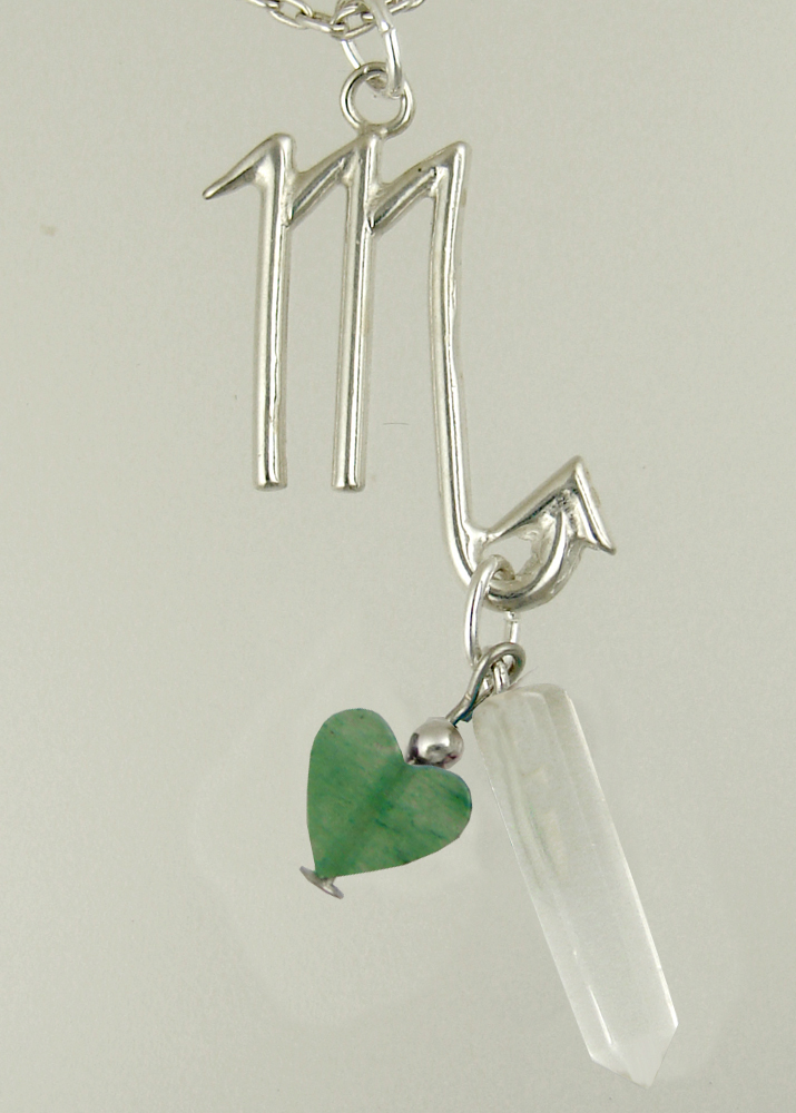 Sterling Silver Scorpio Pendant Necklace With an Clear Crystal And Green Heart